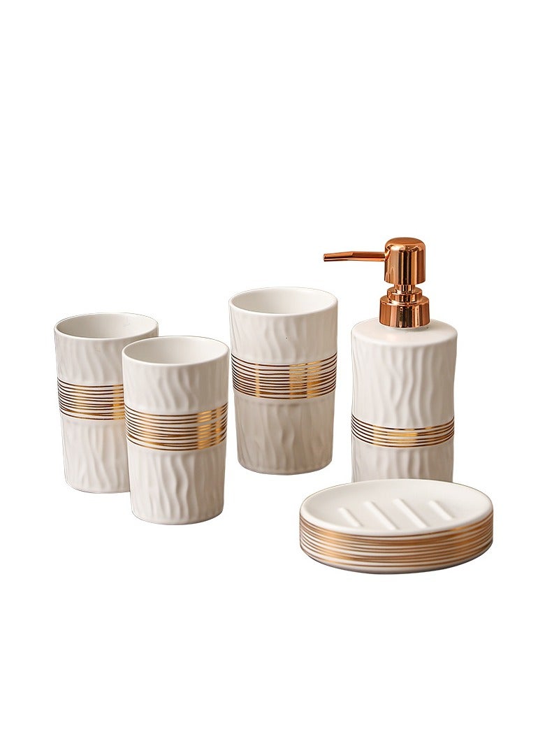 5 Piece Ceramic Bathroom Accessories Set Golden Strips Design Toothbrush Holder, Soap Dispenser - Image 1