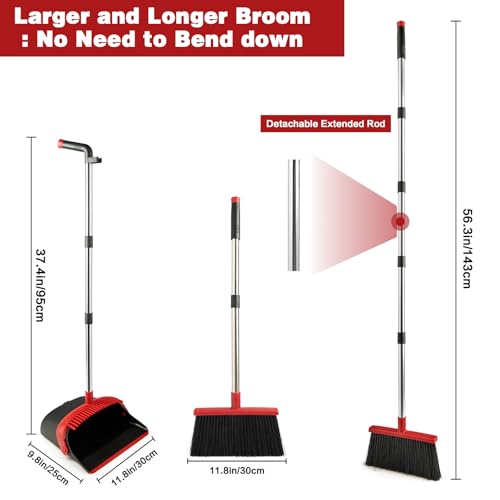 XXFLOWER Broom and Dustpan Set with Long Handle, Light Weight Stainless Steel Poles Stand Upright Dustpans with Broom Combo for Home Kitchen Office Pet Dog Hair, Black & Red Color, 1-Pack - Image 2