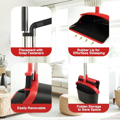 XXFLOWER Broom and Dustpan Set with Long Handle, Light Weight Stainless Steel Poles Stand Upright Dustpans with Broom Combo for Home Kitchen Office Pet Dog Hair, Black & Red Color, 1-Pack - Image 4