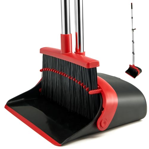 XXFLOWER Broom and Dustpan Set with Long Handle, Light Weight Stainless Steel Poles Stand Upright Dustpans with Broom Combo for Home Kitchen Office Pet Dog Hair, Black & Red Color, 1-Pack - Image 1