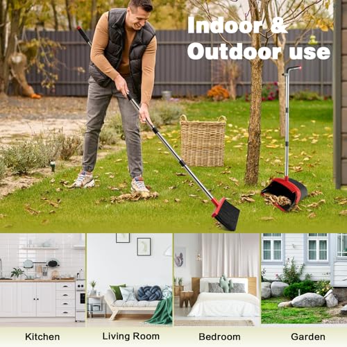 XXFLOWER Broom and Dustpan Set with Long Handle, Light Weight Stainless Steel Poles Stand Upright Dustpans with Broom Combo for Home Kitchen Office Pet Dog Hair, Black & Red Color, 1-Pack - Image 5