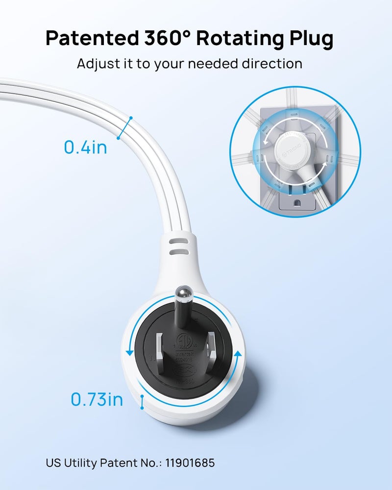 TROND Flat Extension Cord 6ft with 360° Rotating Plug, Low Profile Small Power Strip, 3 Prong Grounded Outlets Cube, 13A, SPT 16/3 Gauge Cable, for Indoor Home Office Cruise Travel Essentials, White - Image 3