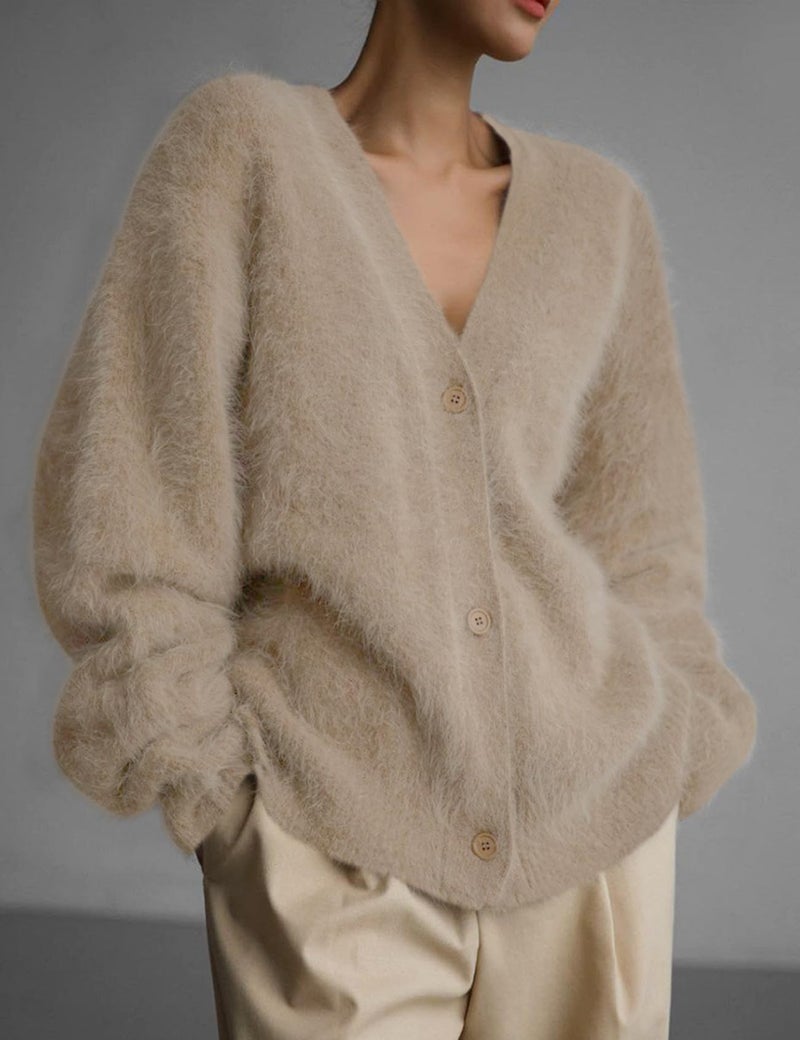 Yimoon Womens Fuzzy Cardigan Sweater V Neck Long Sleeve Button Down Slouchy Furry Knit Sweaters 2025(Apricot-M) - Image 2