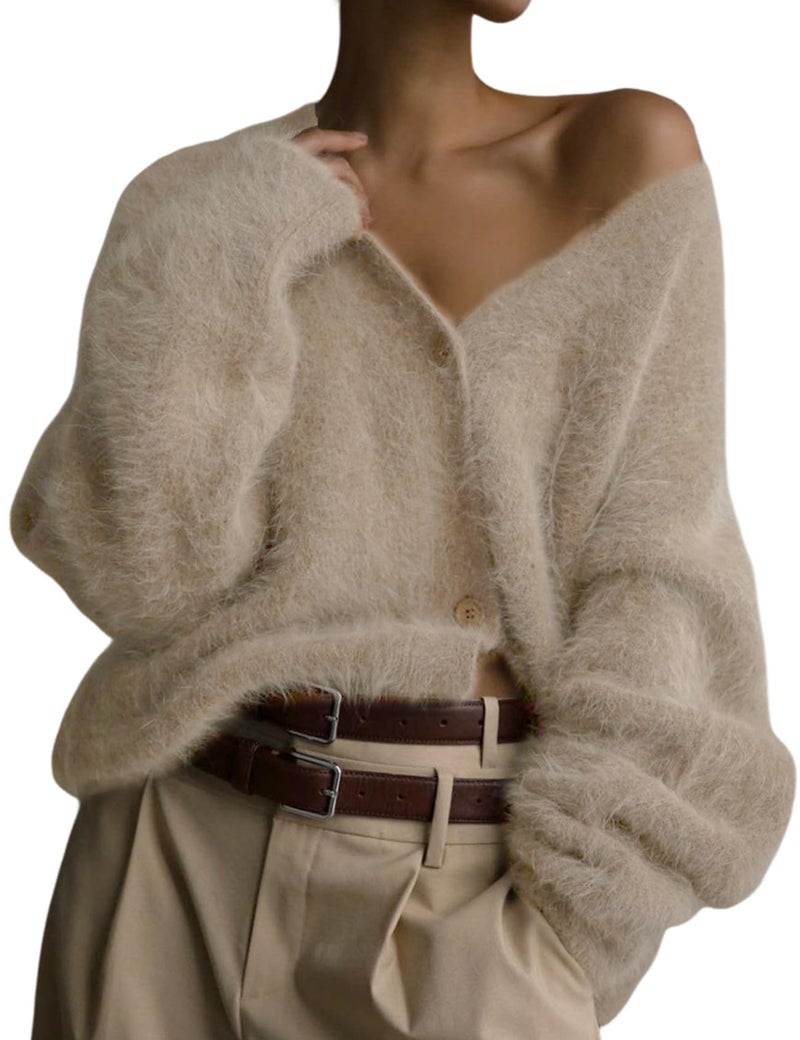 Yimoon Womens Fuzzy Cardigan Sweater V Neck Long Sleeve Button Down Slouchy Furry Knit Sweaters 2025(Apricot-M) - Image 1
