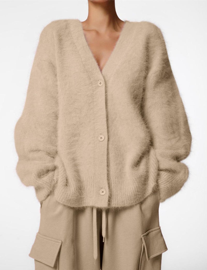 Yimoon Womens Fuzzy Cardigan Sweater V Neck Long Sleeve Button Down Slouchy Furry Knit Sweaters 2025(Apricot-M) - Image 4