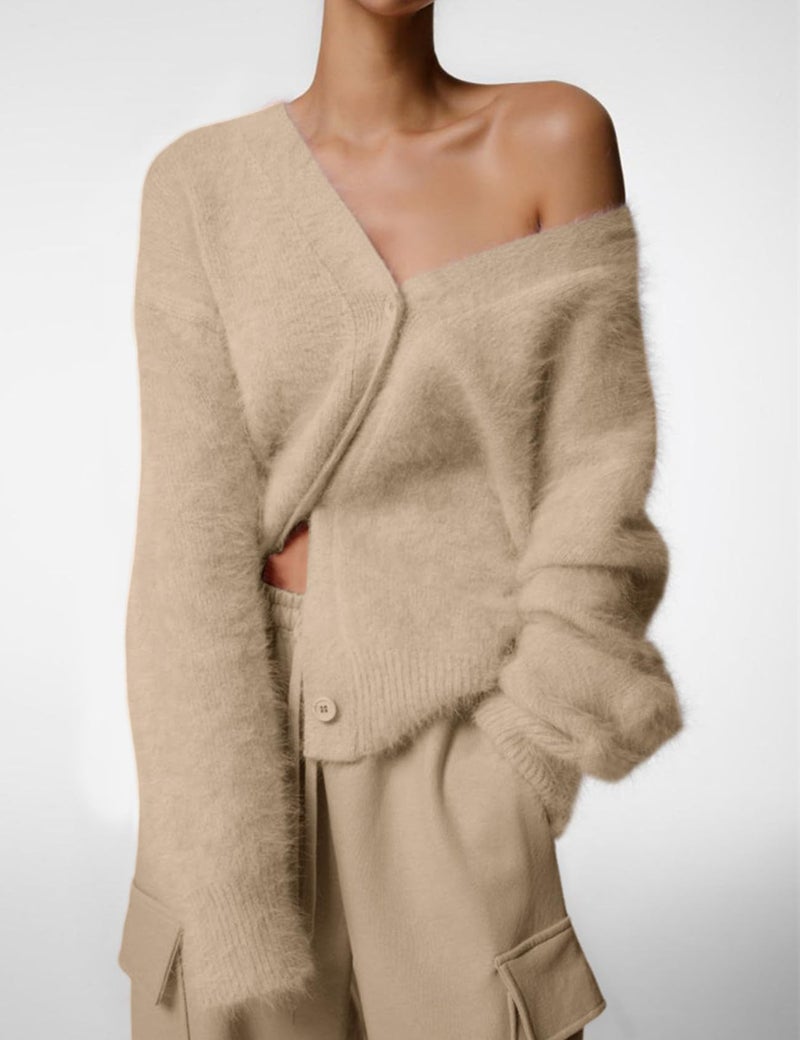 Yimoon Womens Fuzzy Cardigan Sweater V Neck Long Sleeve Button Down Slouchy Furry Knit Sweaters 2025(Apricot-M) - Image 5