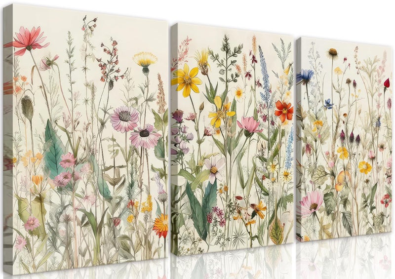 QGNBGBJ 3 Pcs Framed Flowers Canvas Wall Art Watercolor Floral Botanical Prints Wildflower Pictures Wall Decor Colorful Plant Paintings Posters for Bathroom Living Room Bedroom Office Kitchen(12x16in) - Image 1