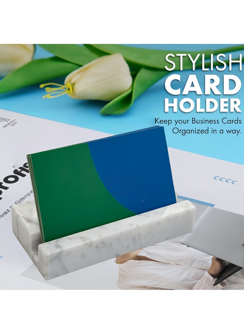 حامل بطاقات عمل للمكتب، صندوق بطاقات عمل، حامل عرض أنيق لبطاقات العمل، مصنوع من الرخام الأبيض، منظم مكتب يمكنه حمل 25 بطاقة عمل، ملحقات مكتب للجنسين - Image 2