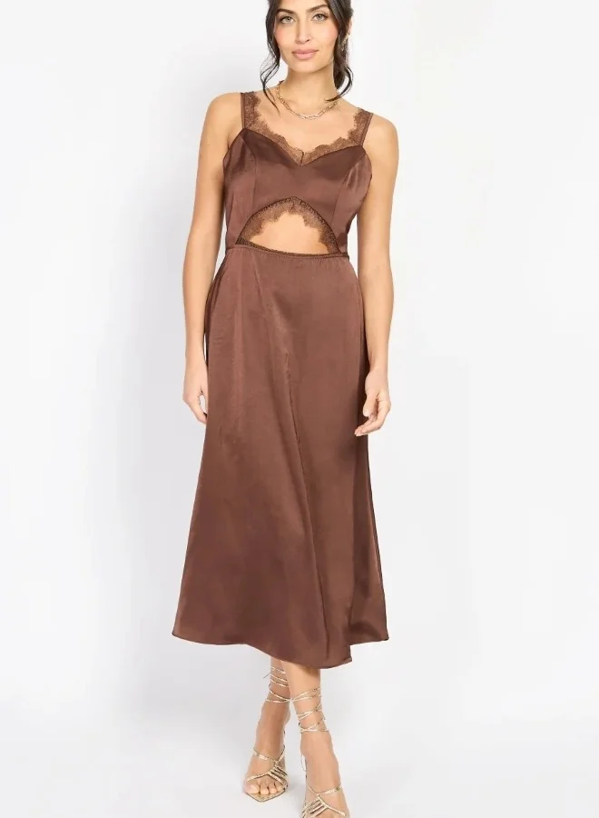 Little Mistress Chocolate Lace Trim Satin Midi Dress