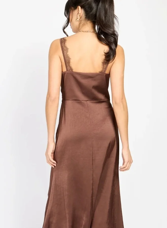 Little Mistress Chocolate Lace Trim Satin Midi Dress