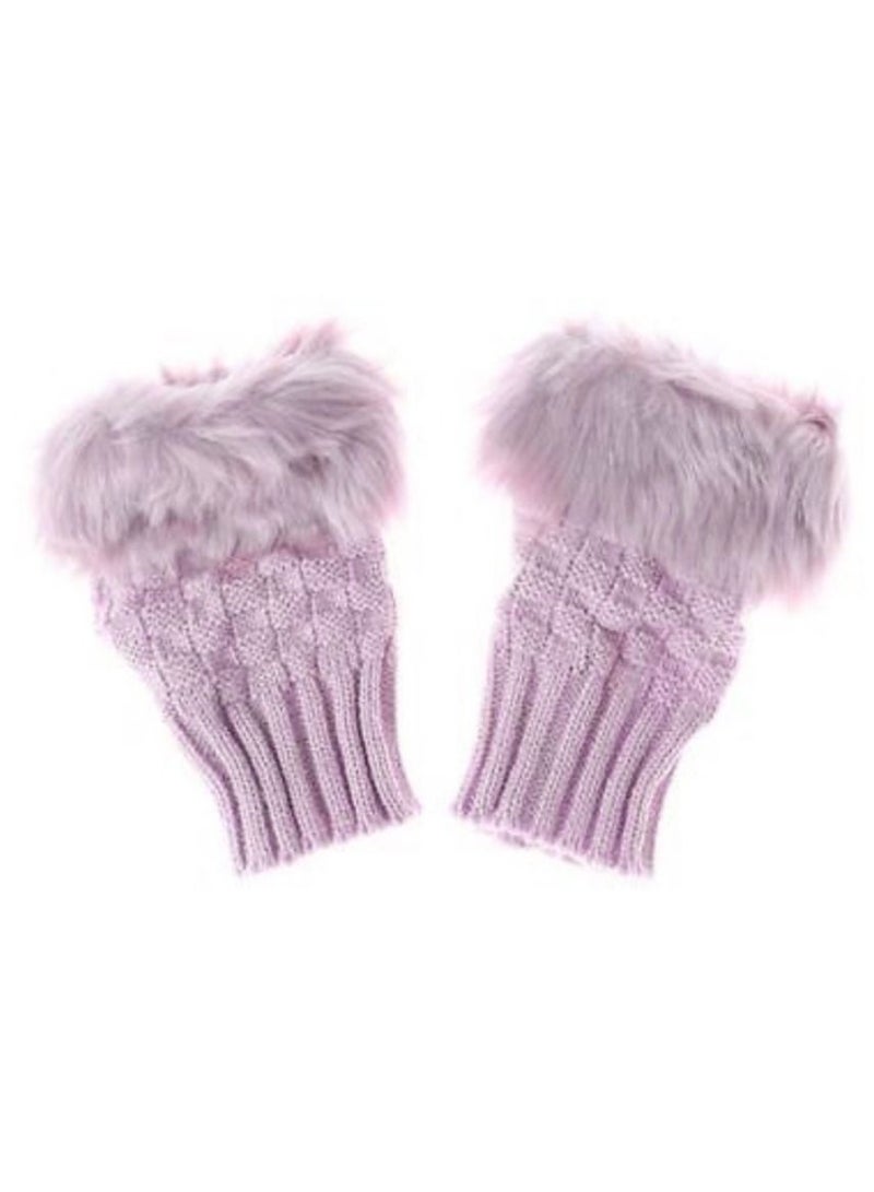 قفاز شتوي بدون أصابع ، قفاز قصير بفتحة الإبهام ، قفازات دافئة محبوكة مع فرو صناعي للنساء ، لون وردي - Image 1
