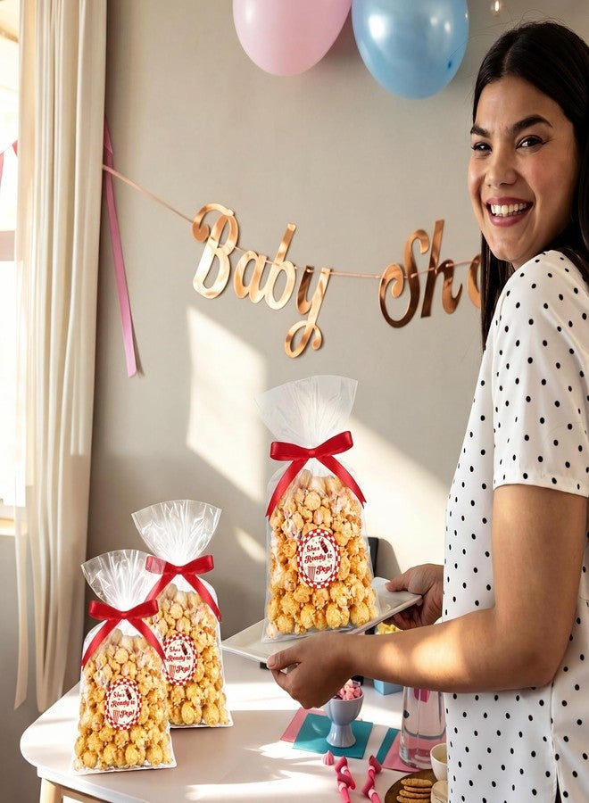 Kolldenn 100 Set She's Ready to Pop Baby Shower Decorations She's Ready to Pop Popcorn Bags & Stickers, Clear Plastic Treat Bags with Ribbon for Gift Wrapping, Food Storage & Party Favors(Red - Image 4