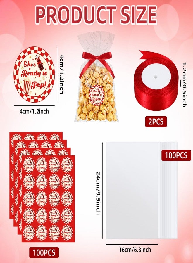 Kolldenn 100 Set She's Ready to Pop Baby Shower Decorations She's Ready to Pop Popcorn Bags & Stickers, Clear Plastic Treat Bags with Ribbon for Gift Wrapping, Food Storage & Party Favors(Red - Image 2