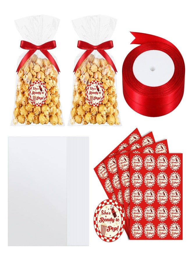 Kolldenn 100 Set She's Ready to Pop Baby Shower Decorations She's Ready to Pop Popcorn Bags & Stickers, Clear Plastic Treat Bags with Ribbon for Gift Wrapping, Food Storage & Party Favors(Red - Image 1