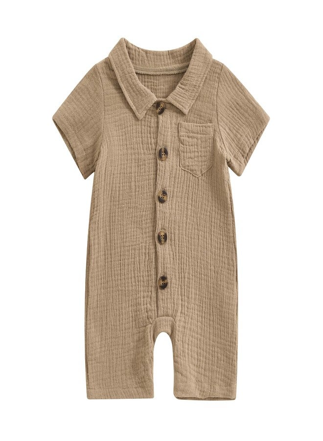 Honganda Summer Baby Boy Cotton Linen Jumpsuit Short Sleeve Button Down Playsuit Romper One Piece Outfit 0-24M (Khaki, 3-6 Months) - Image 1