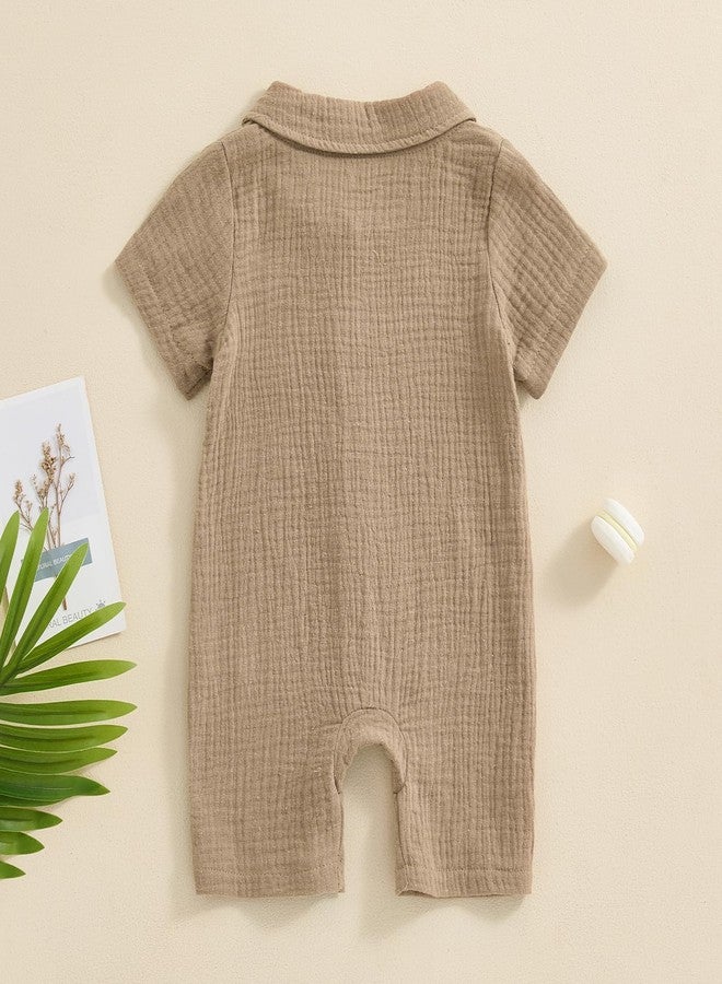 Honganda Summer Baby Boy Cotton Linen Jumpsuit Short Sleeve Button Down Playsuit Romper One Piece Outfit 0-24M (Khaki, 3-6 Months) - Image 3