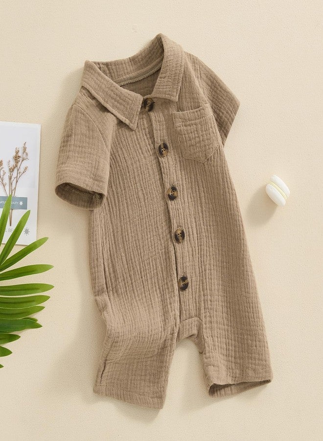 Honganda Summer Baby Boy Cotton Linen Jumpsuit Short Sleeve Button Down Playsuit Romper One Piece Outfit 0-24M (Khaki, 3-6 Months) - Image 2