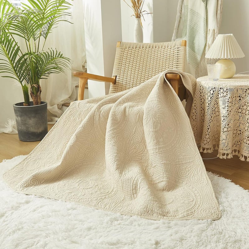 Brandream Beige Sunflower Quilt Cotton Quilted Throw Blanket for Bed Couch Daybed 47 X 60 Inch Decorative Blankets Luxury Chic Design… - Image 2