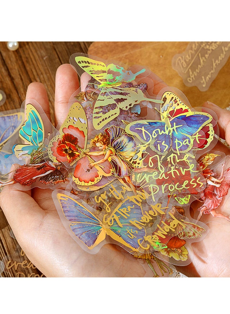 Bronzing Holographic Sticker Set, Gold Foil Transparent Color Waterproof Vintage Sticker, Fairy erfly Flower Pattern for Scrapbook Diary Laptop Water Bottle Decoration 4 Themes, 120 Sheets - Image 1