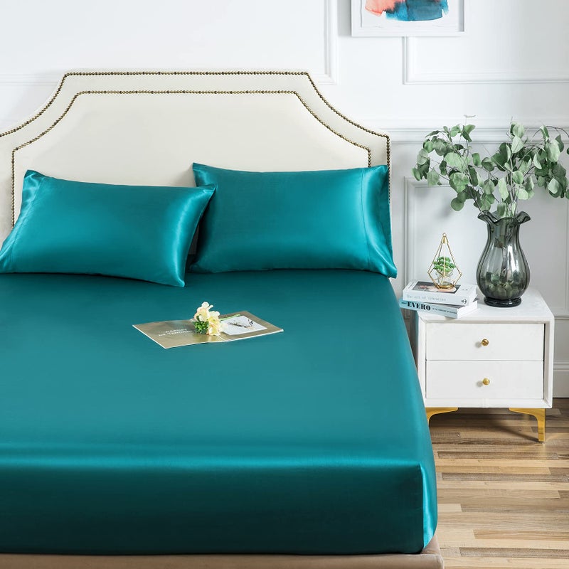 Luxbedding Satin Fitted Sheet  Full Fitted Sheet Only  1 - Piece Ultra Soft Deep Pocket Single Silk Bottom Bed Sheet Full - Teal 