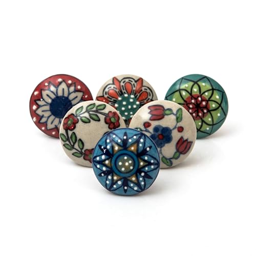 FOLK CRAFT Dresser Knobs for Cabinets and Drawers - Assorted Mix Design Decorative Floral Multicolor Ceramic Knob for Kitchen Cupboard Wardrobe - Pack of 6 - Image 1
