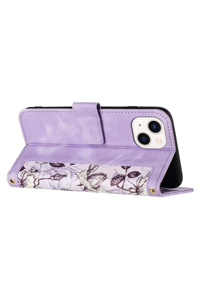 اس-توب جراب هاتف جلدي بنقشة زهور لهاتف iPhone 14 مع حبل - Image 4