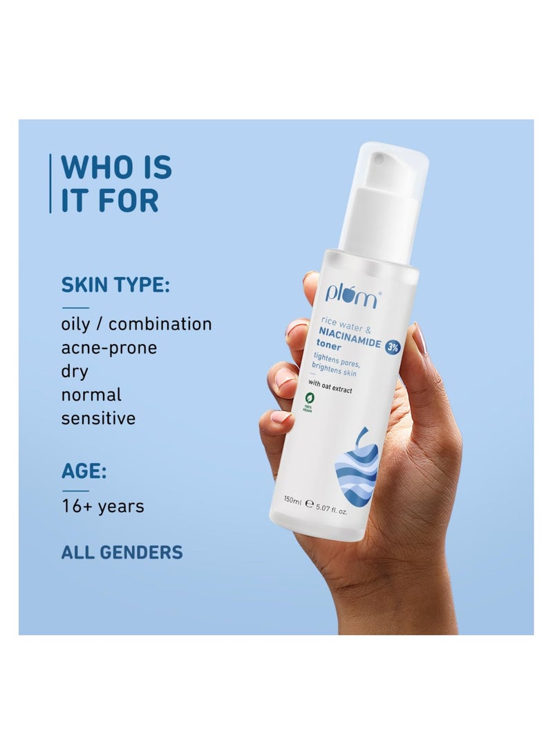 Plum 3% Niacinamide & Rice Water Face Toner | With Rice Ferment Extract | Alcohol-Free Toner | Fades Blemishes, Brightens Skin | Smoothens Skin | Fragrance-Free | 100% Vegan | 150 ml  - Image 3