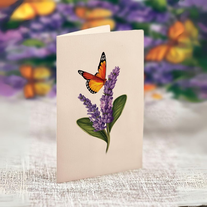 Freshcut Paper بطاقات البوب أب، زهور اللافندر والفراشات، باقة زهور دائمة بحجم 12 بوصة، بطاقة تهنئة ثلاثية الأبعاد، بطاقة عيد ميلاد وشكر، بطاقة فارغة مع ظرف - Image 5
