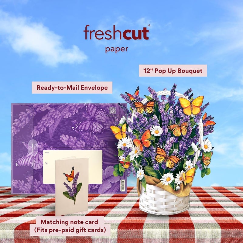 Freshcut Paper بطاقات البوب أب، زهور اللافندر والفراشات، باقة زهور دائمة بحجم 12 بوصة، بطاقة تهنئة ثلاثية الأبعاد، بطاقة عيد ميلاد وشكر، بطاقة فارغة مع ظرف - Image 3