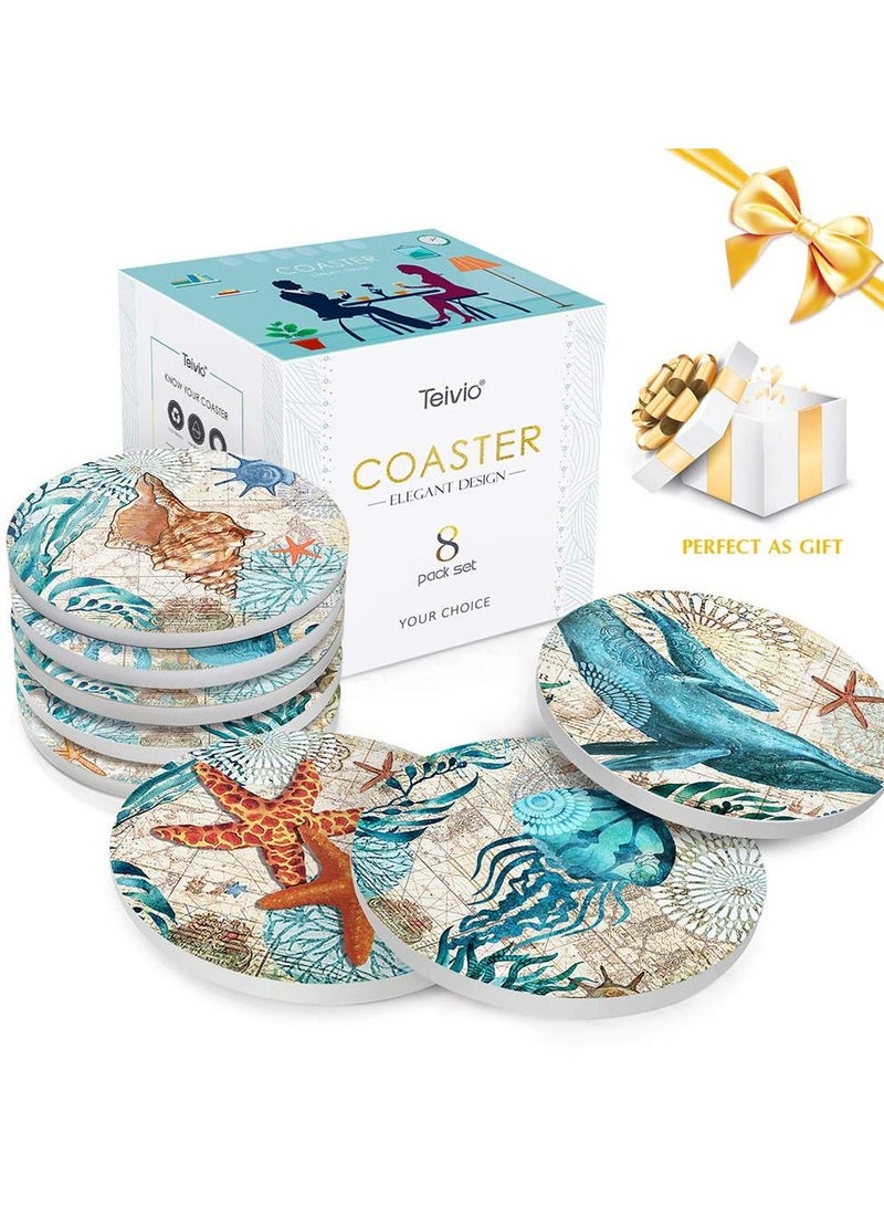 KASTWAVE Absorbent Cork Coaster Marine Style,cork Base with Holder,oastal Decor Beach Theme Tropical for Housewarming Apartment Kitchen Bar Decor, for Wooden Table Coffee Table,set of 8 - Image 5