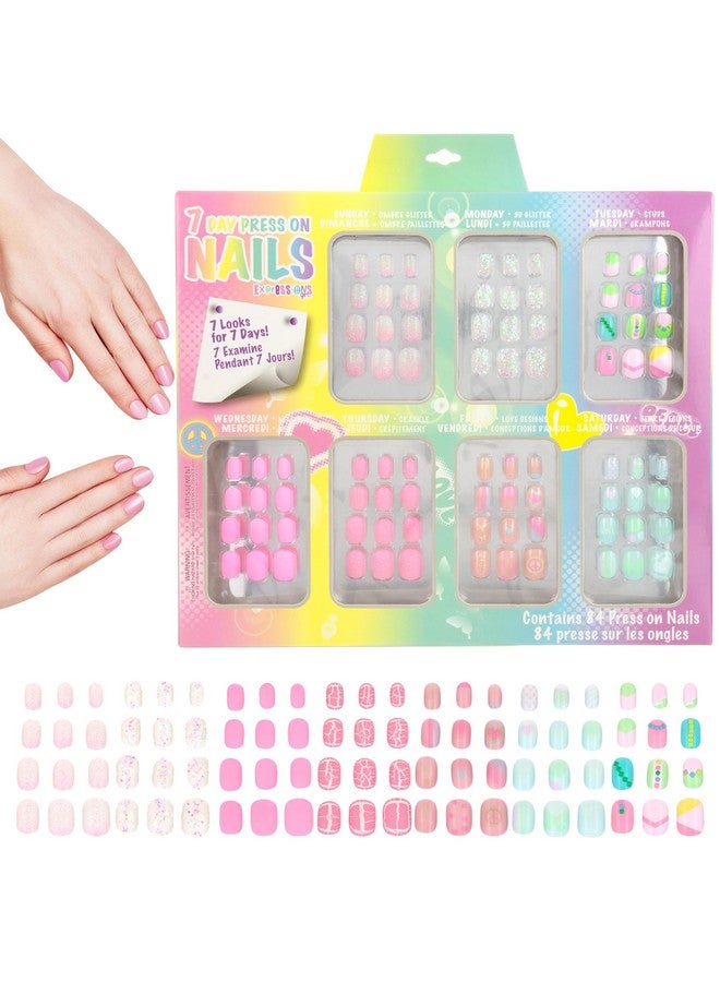 Expressions Girl 7 Day Manicure Collection 84Pc Press On Nail Set Dayoftheweek Adhesive False Nails For Girls (Set Of Brights Or Pastels) Colorful Novelty Designs Stick On Nails For Kids - Image 3