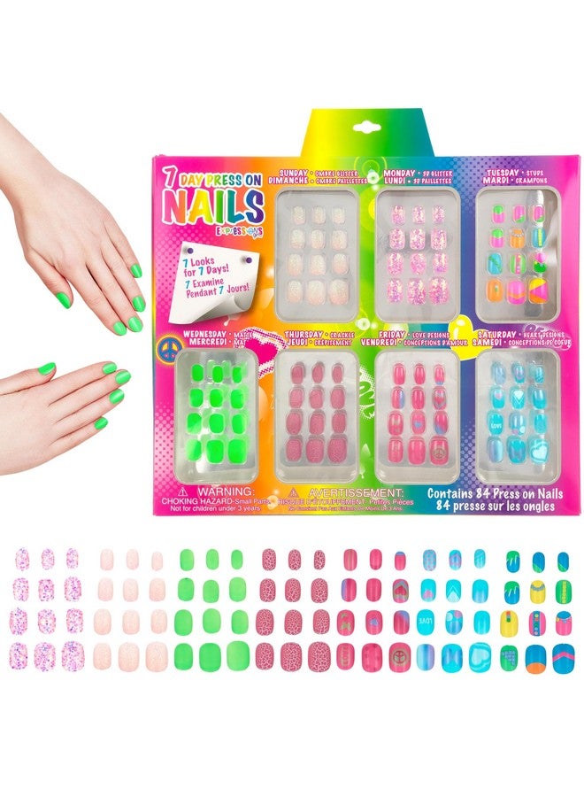 Expressions Girl 7 Day Manicure Collection 84Pc Press On Nail Set Dayoftheweek Adhesive False Nails For Girls (Set Of Brights Or Pastels) Colorful Novelty Designs Stick On Nails For Kids - Image 2