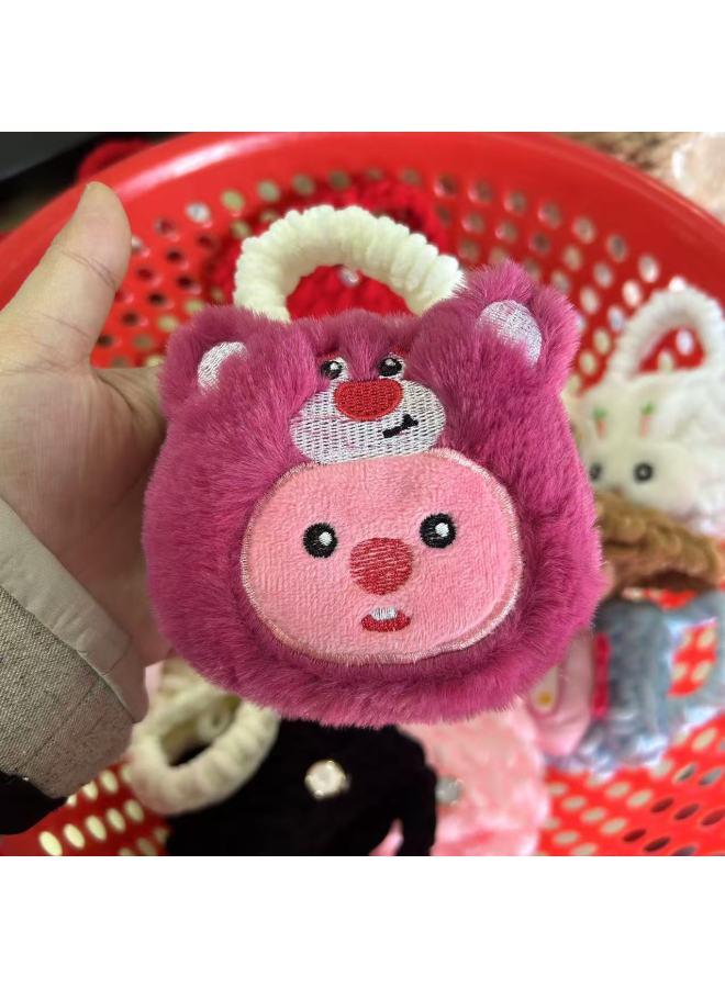 Pink Cute Cyber Red Bear Lion Wake Flower Plush Hand-woven Drop-resistant Headphone Bag Bluetooth Headphone Protective Cover Finished Product-Color:Beaver Headgear  - Image 1