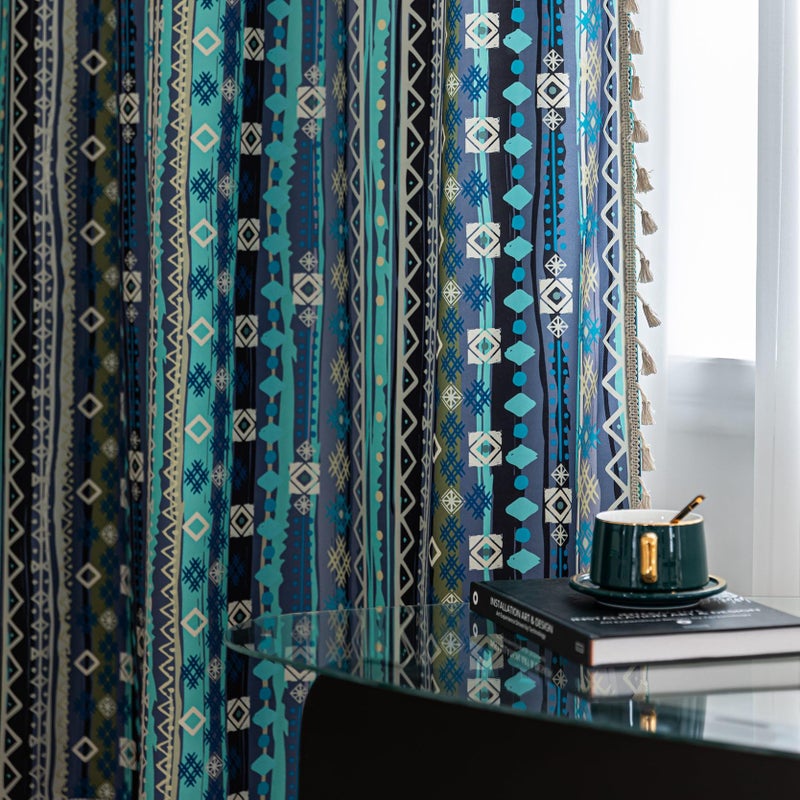 Erbnaryx Boho Curtains Geometric Light Filtering Semi-Blackout Window Curtains 84 Inches Long Rod Pocket Drapes for Living Room 2 Panels-Vintage Blue - Image 3