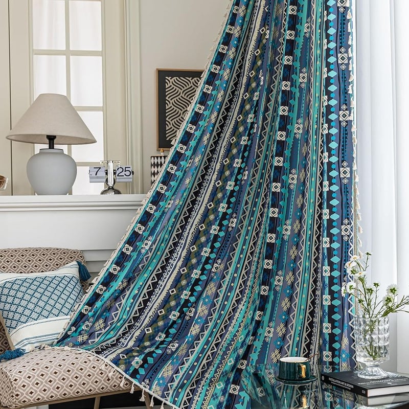 Erbnaryx Boho Curtains Geometric Light Filtering Semi-Blackout Window Curtains 84 Inches Long Rod Pocket Drapes for Living Room 2 Panels-Vintage Blue - Image 1