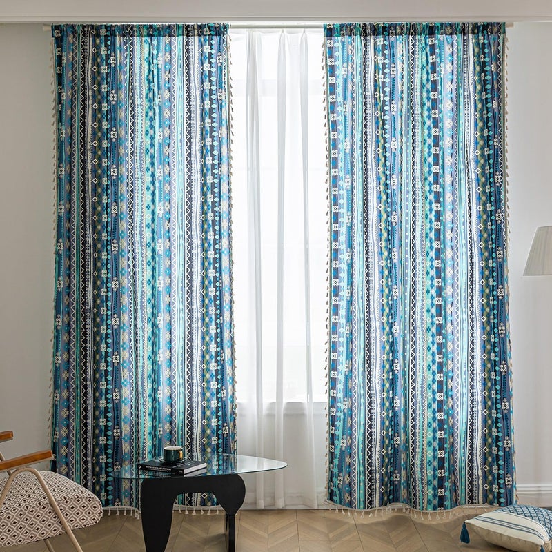 Erbnaryx Boho Curtains Geometric Light Filtering Semi-Blackout Window Curtains 84 Inches Long Rod Pocket Drapes for Living Room 2 Panels-Vintage Blue - Image 2