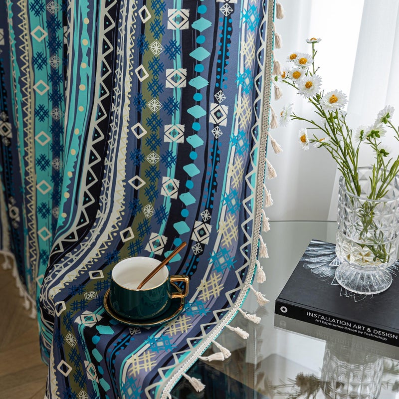 Erbnaryx Boho Curtains Geometric Light Filtering Semi-Blackout Window Curtains 84 Inches Long Rod Pocket Drapes for Living Room 2 Panels-Vintage Blue - Image 4
