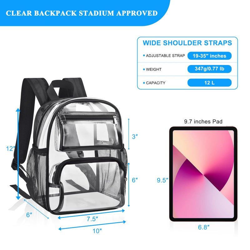 Bagenius Clear Bag for Stadium Events, 12x6x12 Clear Backpack with Reinforced Strap, Stadium bag for Sports Concerts Work Travel, Black - Image 3