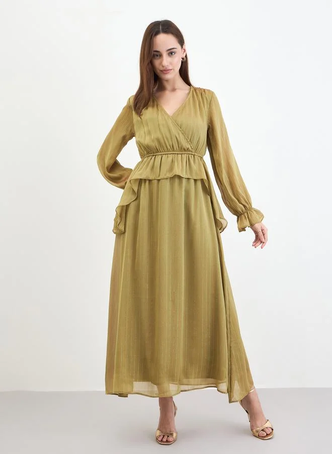 Styli Ruffled Flare Wrap Front Maxi Dress
