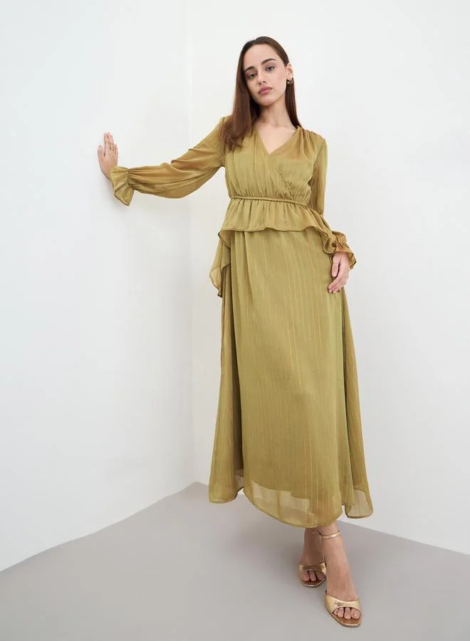 Styli Ruffled Flare Wrap Front Maxi Dress