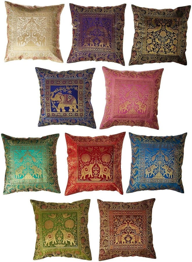 طقم رajasthali الهندي من 10 أغطية وسائد مزخرفة من حرير بانارسي بحجم 16X16 بوصة (41X41 سم) على شكل فيل، مصنوعة يدويًا من رقع الساري، ديكور بوهيمي، أغطية وسائد هدية