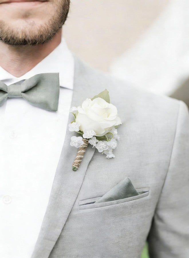 YSUCAU White Rose Boutonnieres for Men Wedding Ivory Baby's Breath Boutonniere for Best Men Groom Groomsmen Wedding Prom Homecoming Set of 6 - Image 2