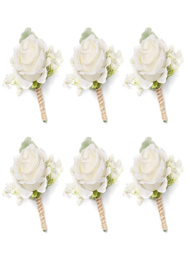 YSUCAU White Rose Boutonnieres for Men Wedding Ivory Baby's Breath Boutonniere for Best Men Groom Groomsmen Wedding Prom Homecoming Set of 6 - Image 1