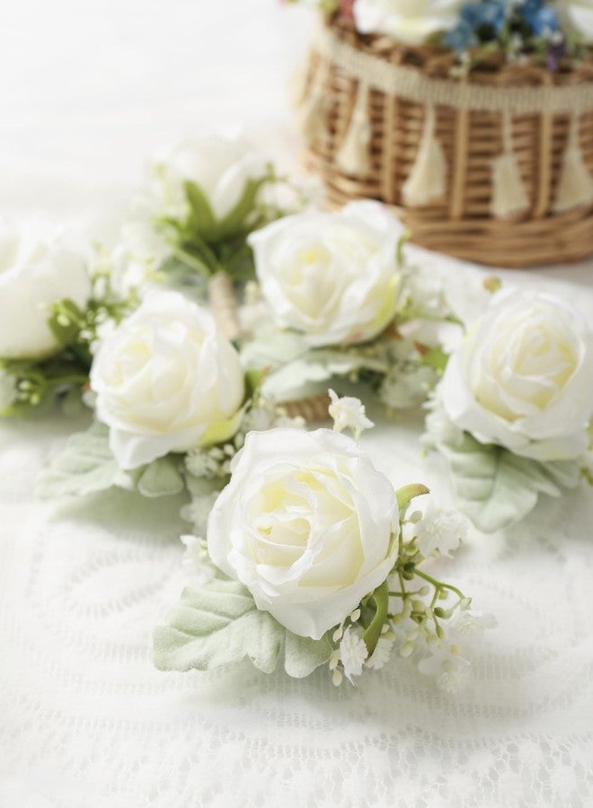 YSUCAU White Rose Boutonnieres for Men Wedding Ivory Baby's Breath Boutonniere for Best Men Groom Groomsmen Wedding Prom Homecoming Set of 6 - Image 5