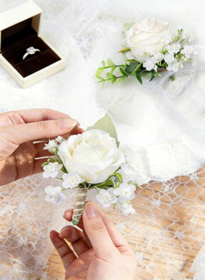 YSUCAU White Rose Boutonnieres for Men Wedding Ivory Baby's Breath Boutonniere for Best Men Groom Groomsmen Wedding Prom Homecoming Set of 6 - Image 4