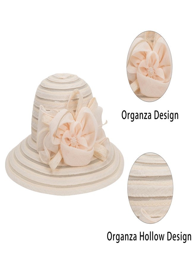 إيوهاك قبعة إيوهاك النسائية من الأورجانزا لحفلات الزفاف والمناسبات الدينية - قبعة ديربي مزينة بزخارف أنيقة لحفلات الشاي والمناسبات الدينية - قبعة زفاف مزينة بالزهور باللون البيج - Image 4