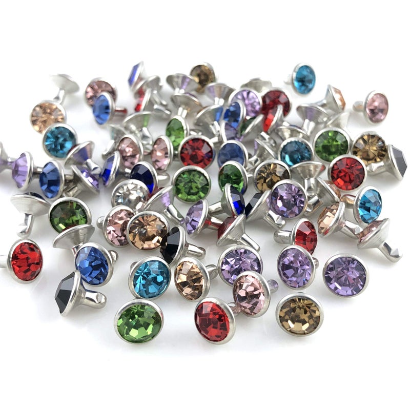 YORANYO 100 Sets 8MM Mixed Colors Cz Crystal Rivets Rhinestone Rivets Studs Rapid Rivets Silver Color Spots Studs for Leather Craft DIY Making - Image 3