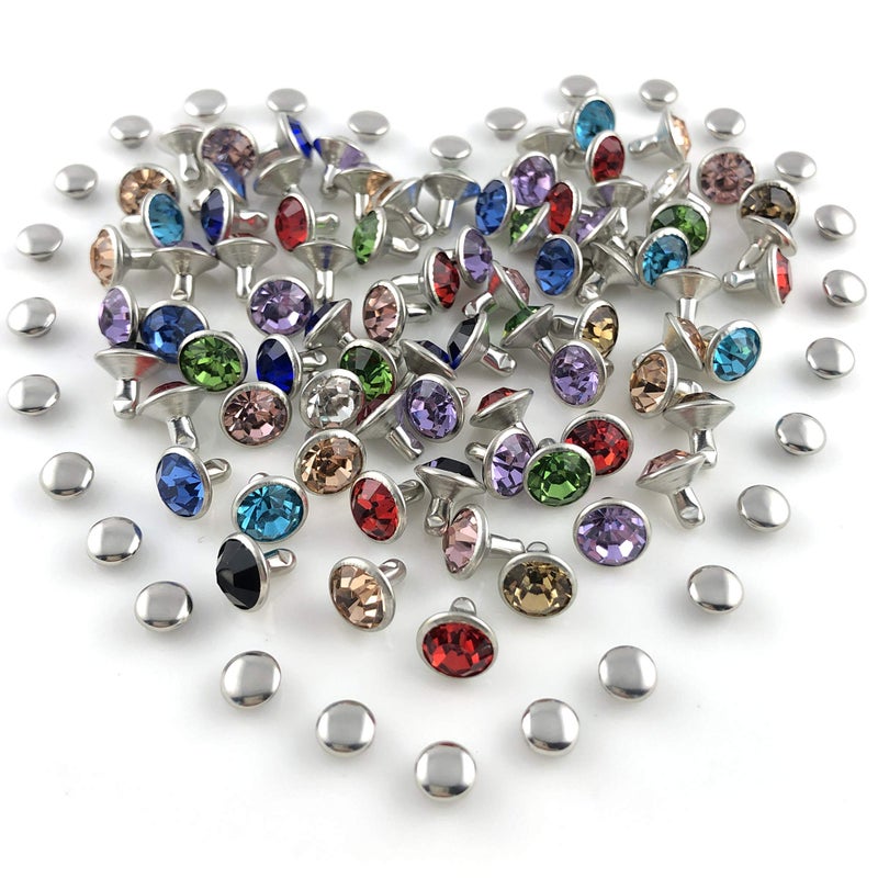 YORANYO 100 Sets 8MM Mixed Colors Cz Crystal Rivets Rhinestone Rivets Studs Rapid Rivets Silver Color Spots Studs for Leather Craft DIY Making - Image 5