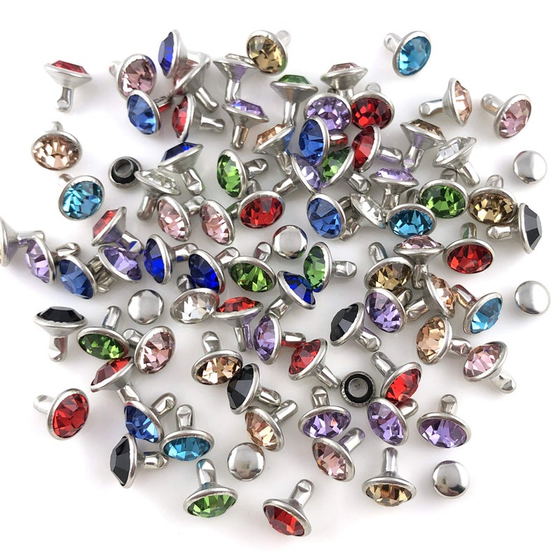 YORANYO 100 Sets 8MM Mixed Colors Cz Crystal Rivets Rhinestone Rivets Studs Rapid Rivets Silver Color Spots Studs for Leather Craft DIY Making - Image 4