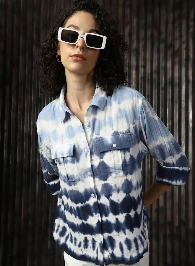 هاي ستار قميص قطن نسائي بطبعة صبغ وربطة، قصة واسعة، ياقة عريضة، كاجوال